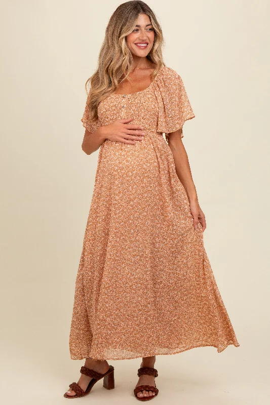 Fashionable clothing that fits every occasion Peach Floral Smocked Button Accent Maternity Maxi Dress Fashionable clothing that fits every occasion Peach Floral Smocked Button Accent Maternity Maxi Dress
