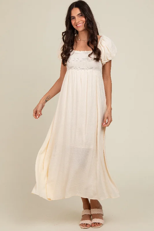 Trendy women’s clothing that suits every taste   Cream Smocked Puff Sleeve Maxi Dress