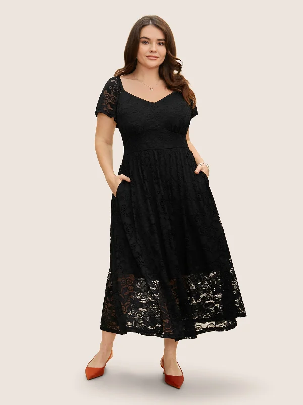 Heart Neckline Crochet Lace Mesh Flutter Sleeve Dress