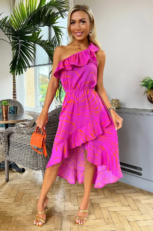 Confidence-boosting clothing for women Hot Pink Printed One Shoulder Frill Detail Dipped Hem Dress Confidence-boosting clothing for women Hot Pink Printed One Shoulder Frill Detail Dipped Hem Dress