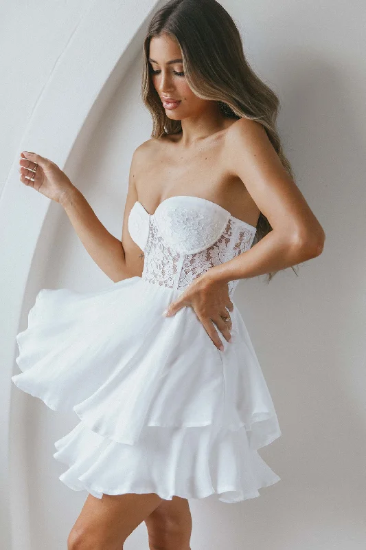 Fashionable women’s clothing that makes you shine   In Your Arms Strapless Lace Bodice Layered Hem Mini Dress White