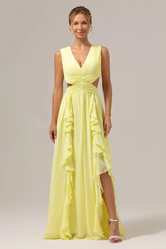 Lemon Yellow A Line Cut Out Lace Up Back Long Bridesmaid Dress with Ruffles