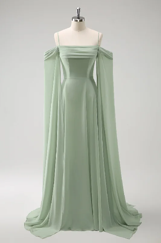 Light Green Cold Shoulder Detachable Sleeves A-Line Chiffon Long Bridesmaid Dress