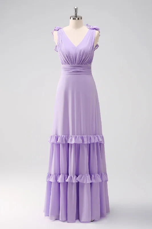 Lilac Chiffon A-Line Ruched Bridesmaid Dress with Ruffles