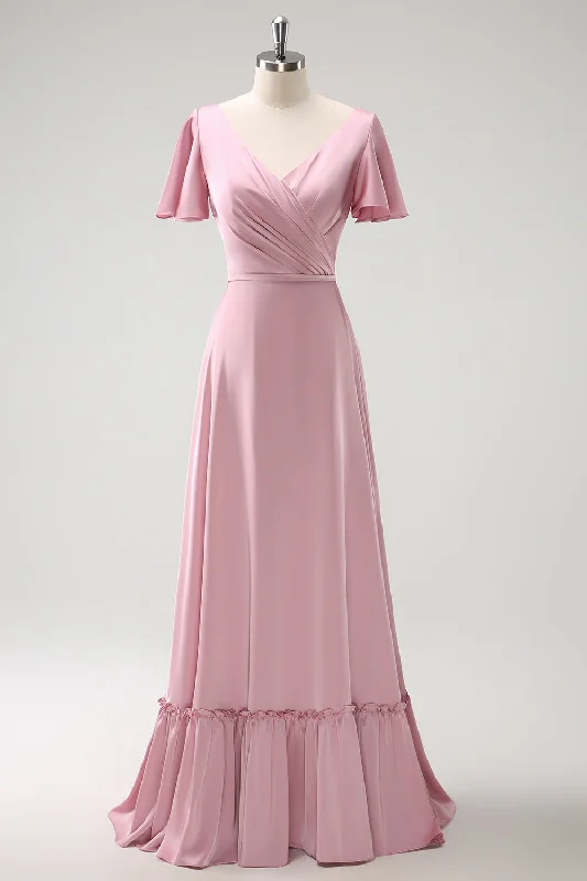 Pink A-Line Ruffle Wrap Short Sleeves Long Satin Bridesmaid Dress