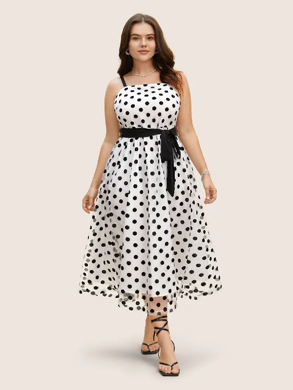 Polka Dot Mesh Belted Cami Dress