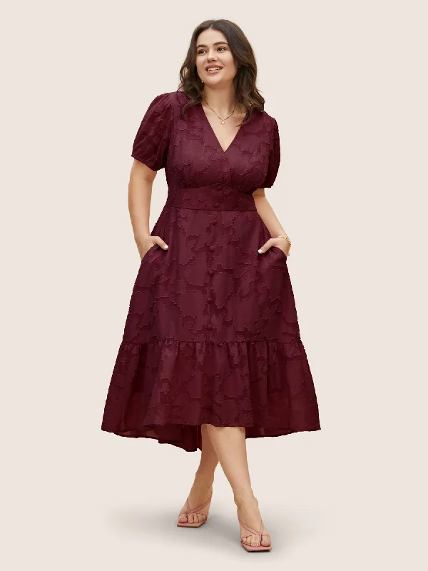 Solid Textured Lantern Sleeve Button Detail Dress