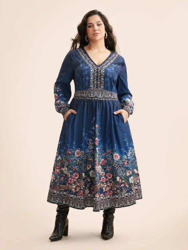 Stylish clothing designed to flatter every woman   V Neck Boho Print Shirred Dress