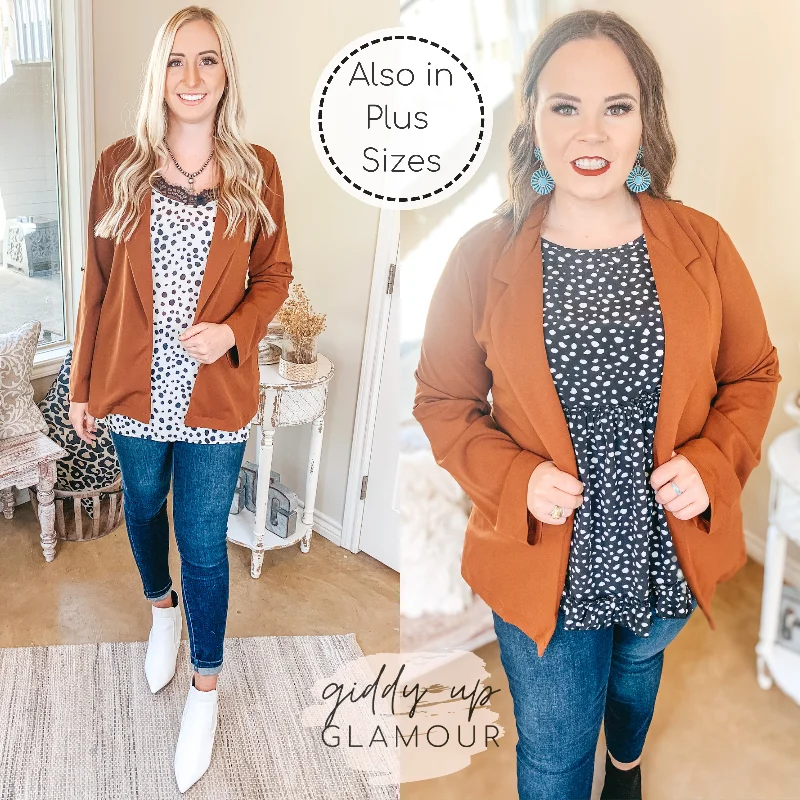 Last Chance Size Large | Legally Blonde 3/4 Sleeve Open Front Collared Blazer in Chestnut Brown