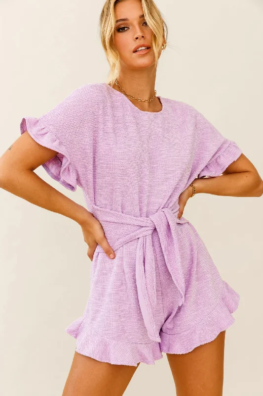 Trendy women’s clothing that suits every taste Feelin' Blessed Waist-Tie Frill Trim Romper Lilac Trendy women’s clothing that suits every taste Feelin' Blessed Waist-Tie Frill Trim Romper Lilac