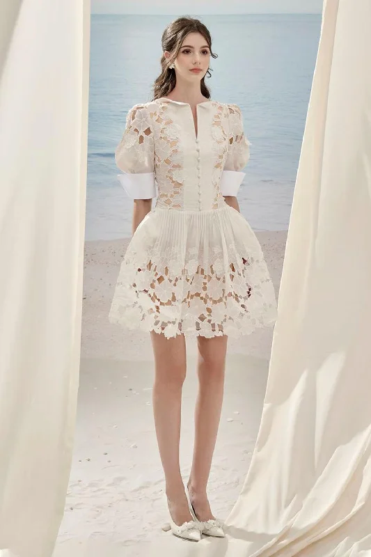 Uncover unique pieces for your perfect wardrobe Floral A-line Puffy Sleeved Lace Mini Dress Uncover unique pieces for your perfect wardrobe Floral A-line Puffy Sleeved Lace Mini Dress