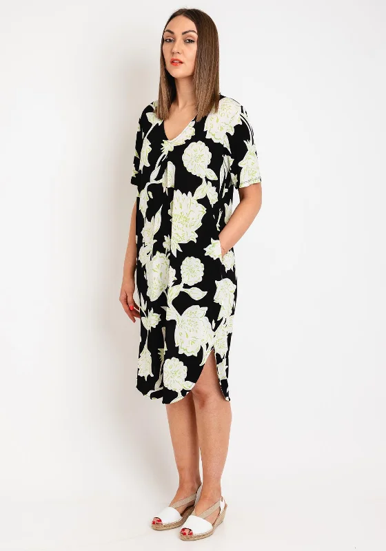 Freequent Floi Floral Print V Neck Dress, Black