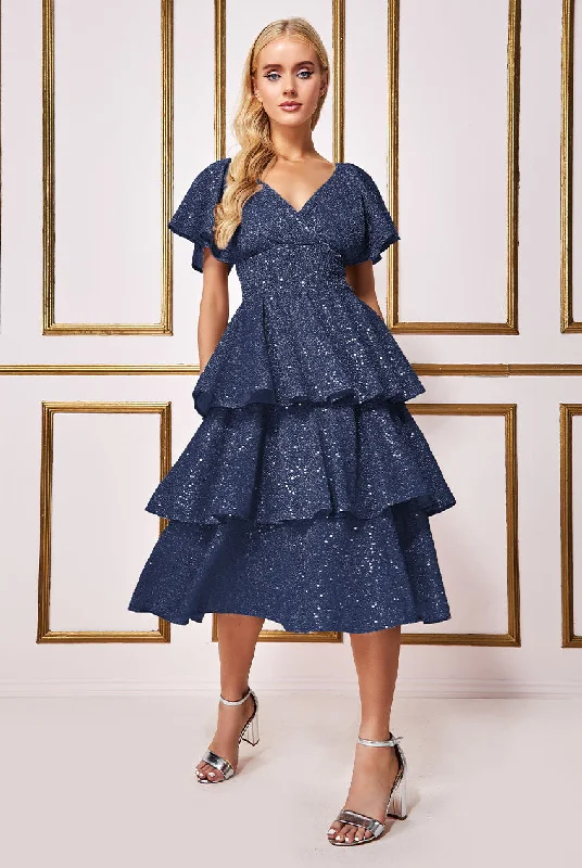 Goddiva Sequin Lurex Tiered Midi Dress - Navy