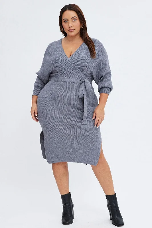 Grey Knit Dress Knee Length Crossover