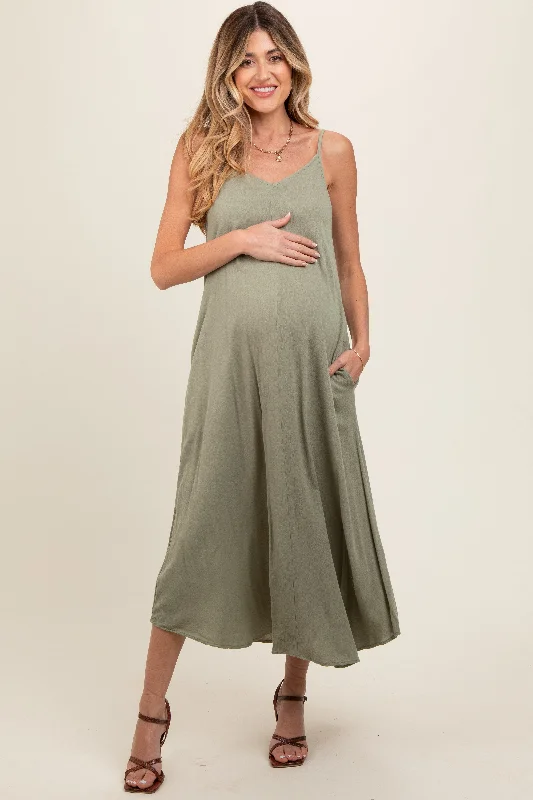 Light Olive Lightweight Sleeveless V-Neck Maternity Maxi Dress