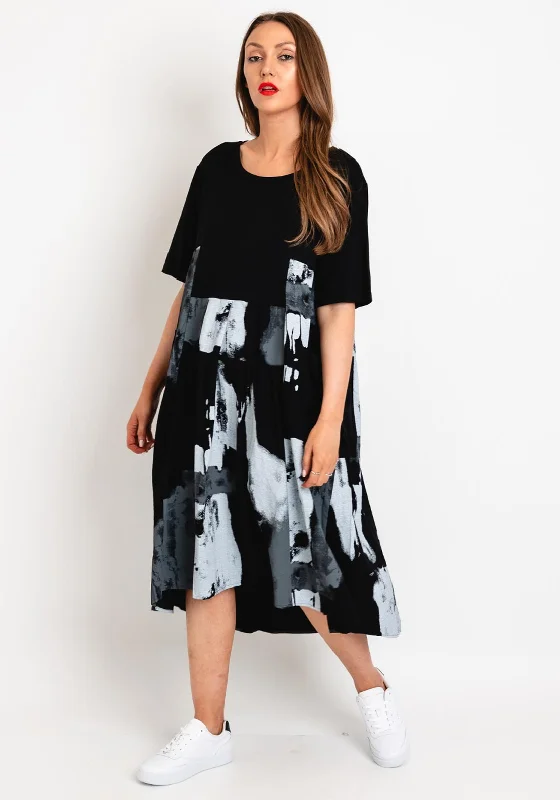 Natalia Collection One Size Drawstring Back Faded Print Midi Dress, Black