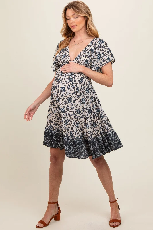 Women’s fashion that reflects your personality Navy Blue Floral Smocked V-Neck Tiered Maternity Dress Women’s fashion that reflects your personality Navy Blue Floral Smocked V-Neck Tiered Maternity Dress