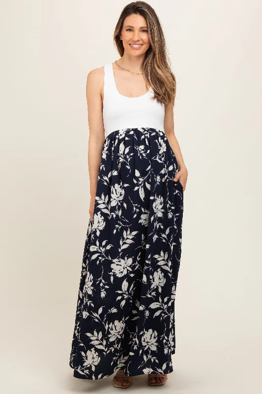 Navy Colorblock Floral Maternity Maxi Dress