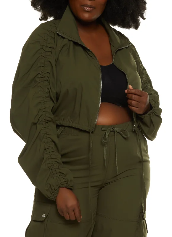 Plus Size Zip Front Ruched Sleeve Cropped Jacket