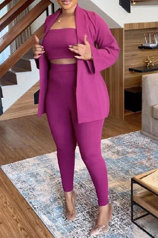 Solid Color Shawl Collar Feminine Pant Suit (Three Pieces)