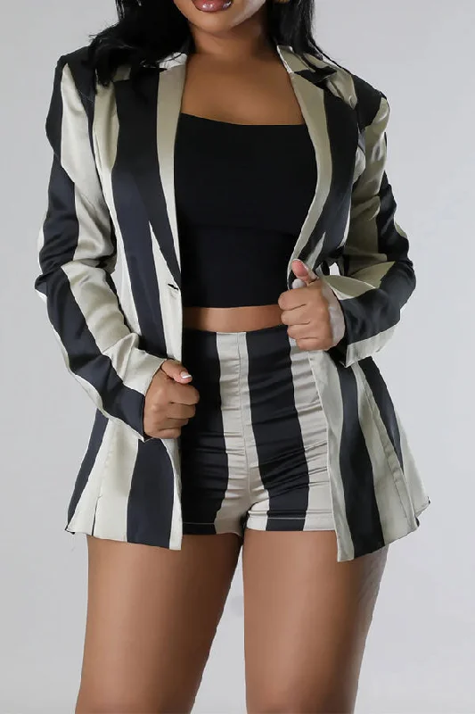 Striped Notched Lapel Unique Pant Suit