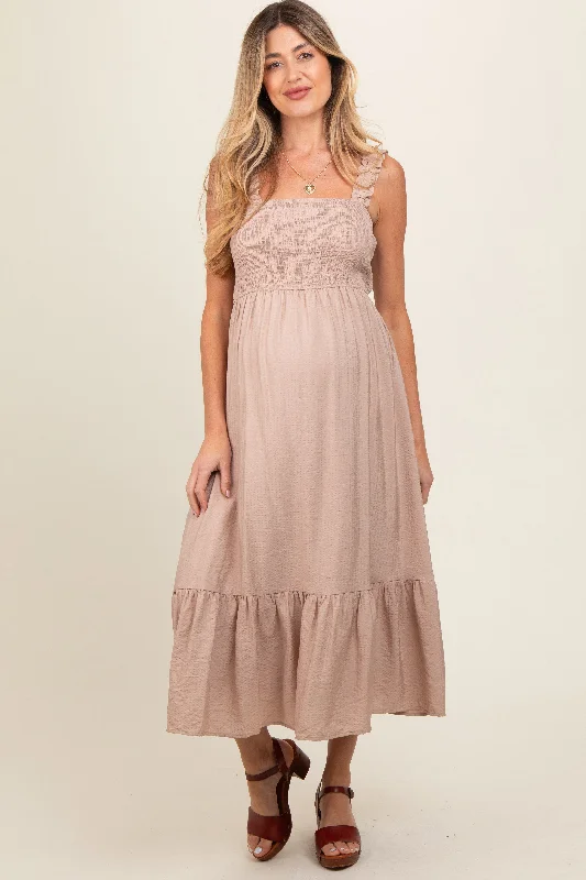Elegant casual clothing for modern women   Taupe Smocked Bodice Maternity Maxi Dress