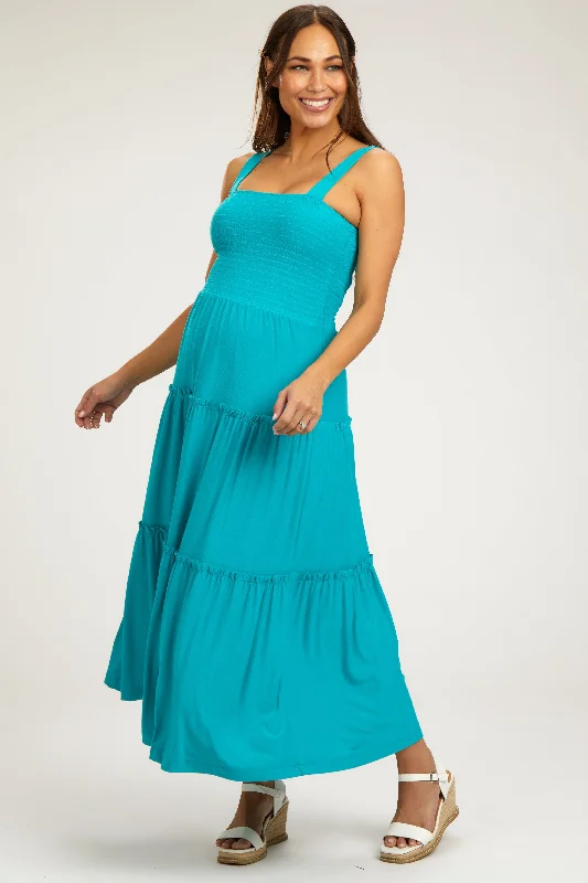 Turquoise Sleeveless Tiered Maternity Maxi Dress