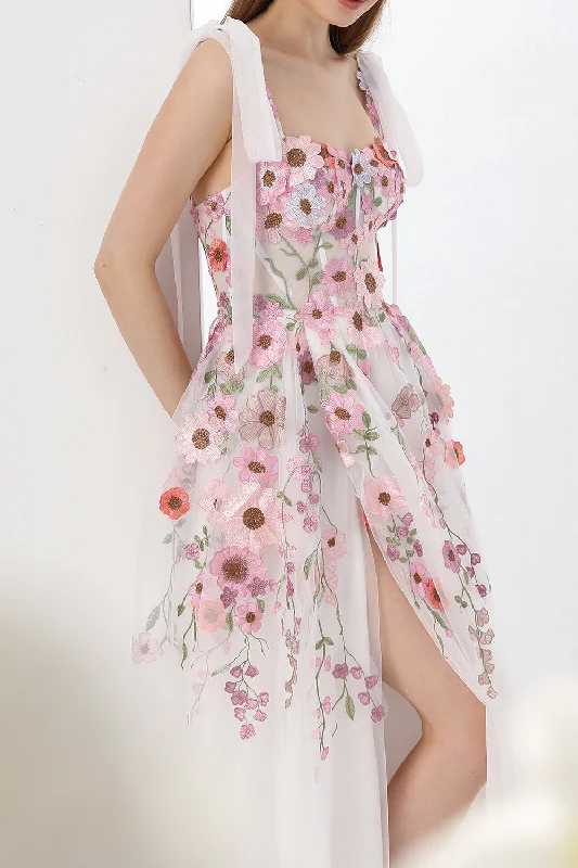 Applique Floral Corset Side Slit Dress with Removable Tie Straps