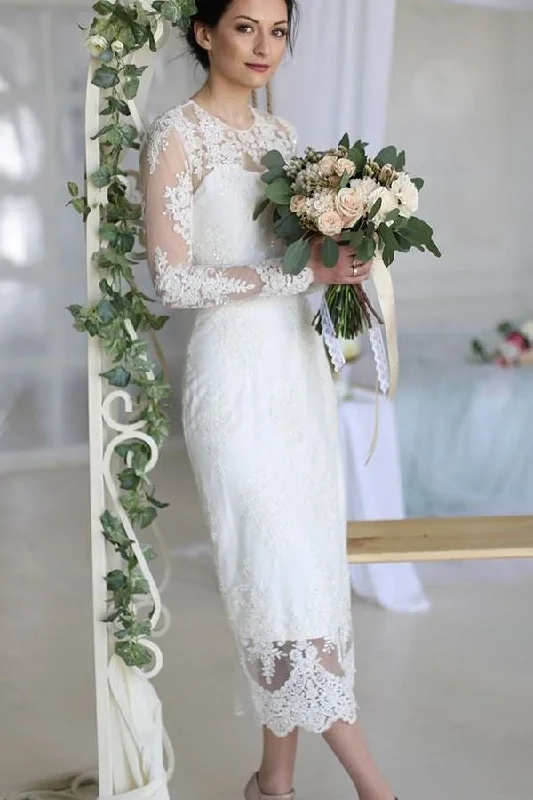 Crew Neckline Lace Tea-length Wedding Dresses Long Sleeves