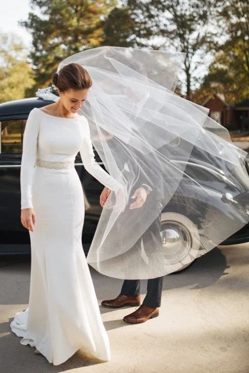 Full Sleeves Modest Wedding Dress with Beaded Crystals Back