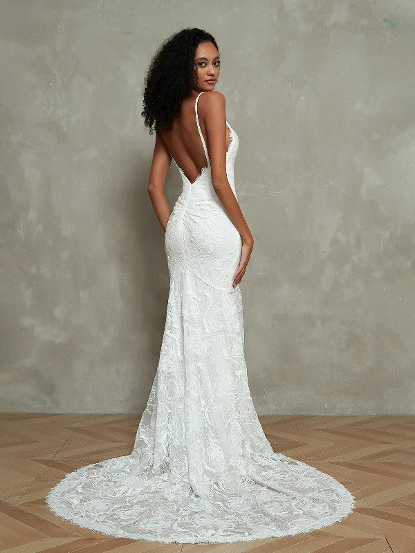 Spaghetti Straps Mermaid Boho Lace Beach Wedding Dresses-Ivory