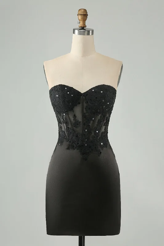 Trendy women’s clothing Sparkly Black Bodycon Sweetheart Corset Homecoming Dress with Appliques Trendy women’s clothing Sparkly Black Bodycon Sweetheart Corset Homecoming Dress with Appliques