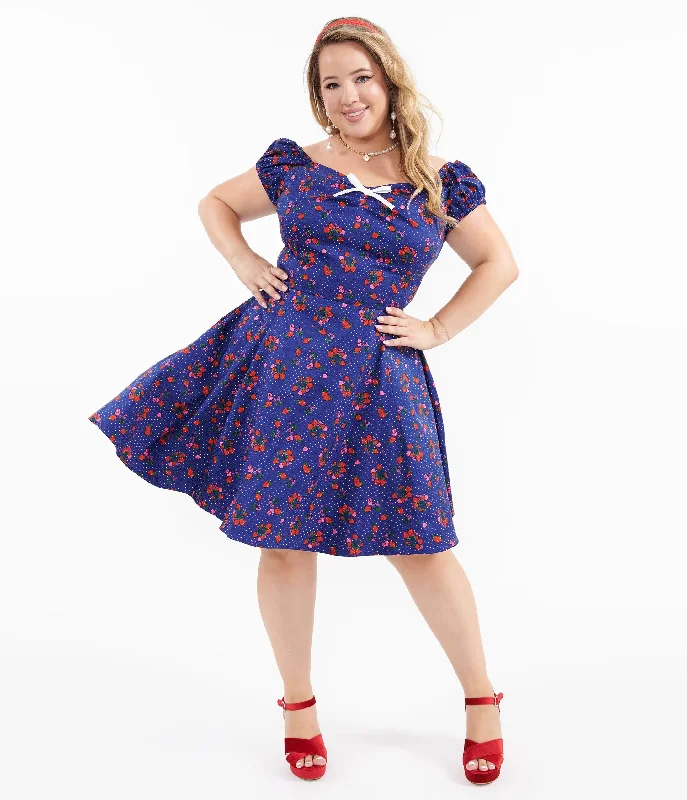 1950s Collectif Plus Size Blue & Mixed Berries Print Dolores Mini Dress