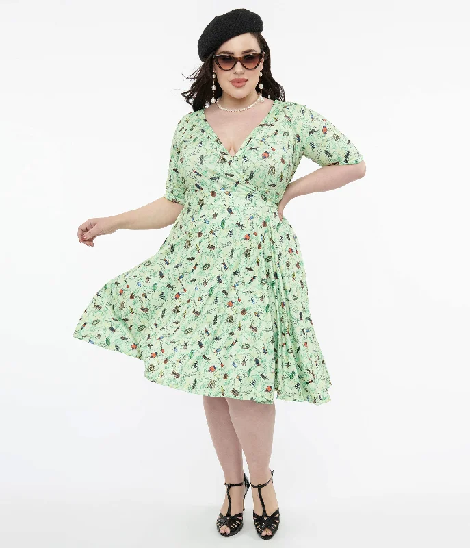 Dolly & Dotty 1950s Mint Green Nothing But Bugs Print Matilda Wrap Dress