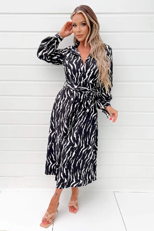 Black And White Printed Button Up Midi Shirt Dress