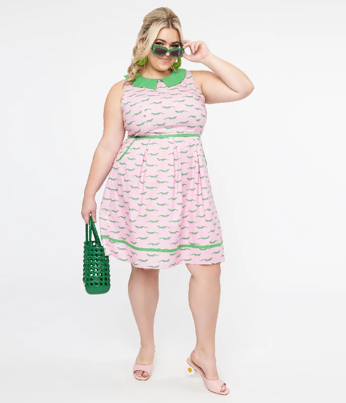 Retrolicious Plus Size 1960s Pink & Green Alligator Collared Fit & Flare Dress