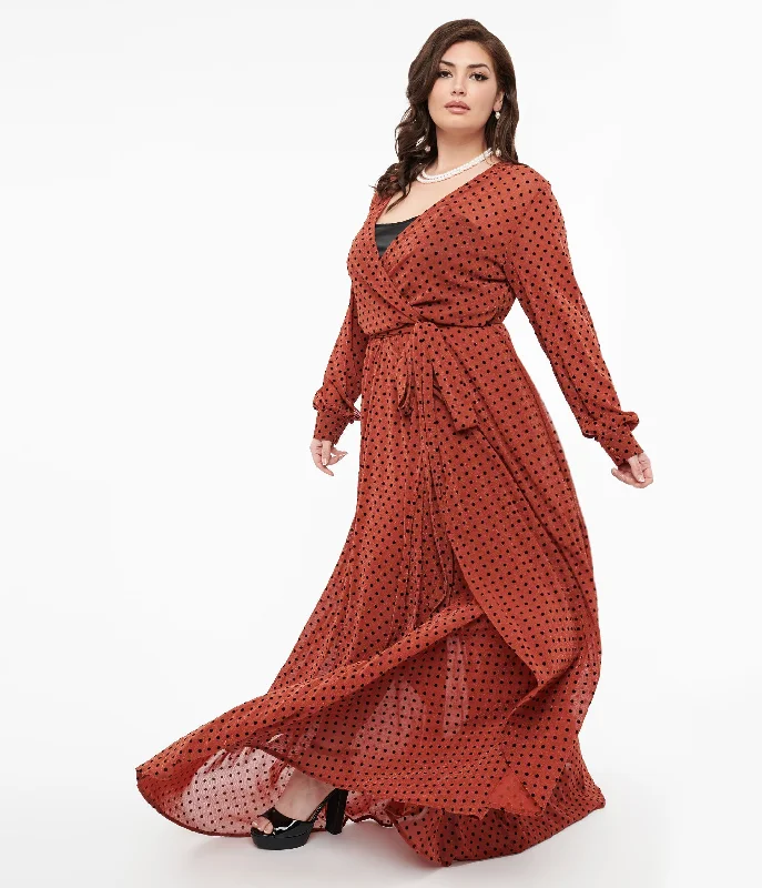 Unique Vintage Plus Size 1970s Rust & Black Polka Dot Farrah Maxi Dress