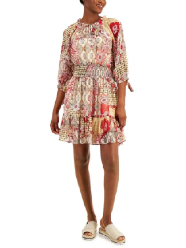 Elegant casual clothing for modern women   Womens Smocked Mock Neck Fit & Flare Dress