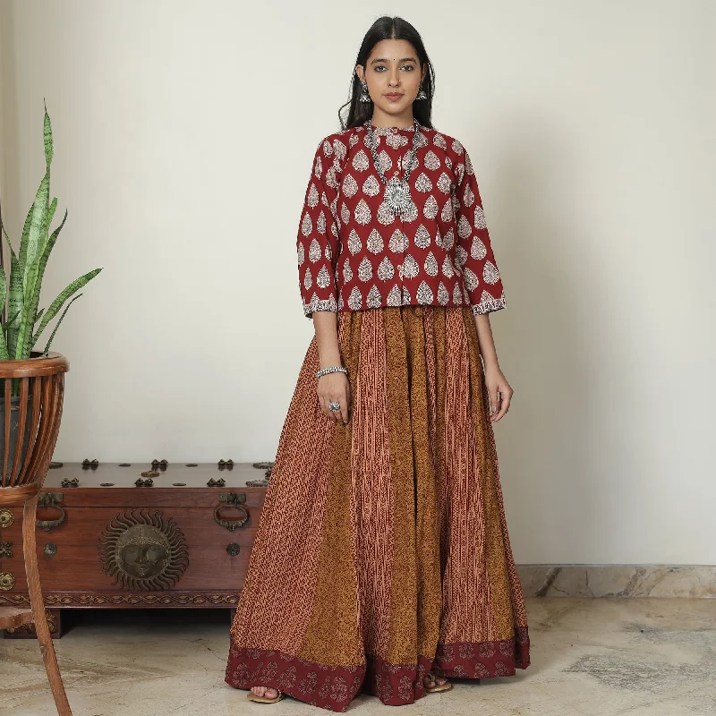 Maroon - Bagh Block Printed Patchwork Cotton Long Skirt