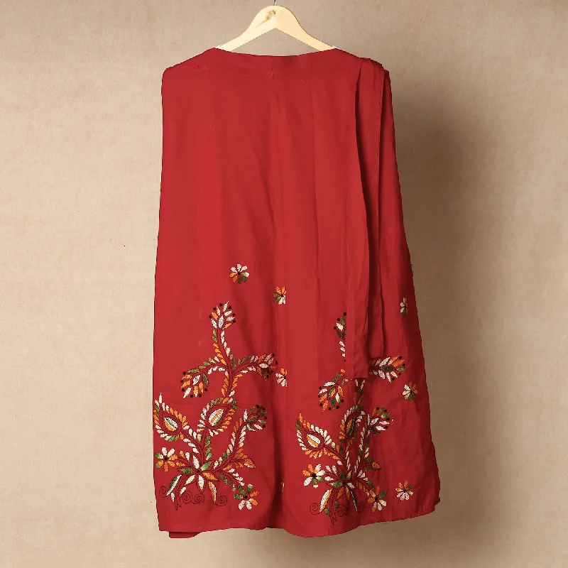 Red - Bengal Kantha Embroidery Cotton Wrap Around Skirt