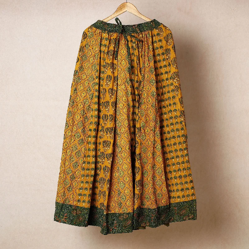 Yellow - 24 Kali Ajrakh Block Printed Patchwork Cotton Long Skirt