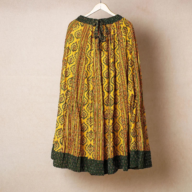 Yellow - 24 Kali Ajrakh Block Printed Patchwork Cotton Long Skirt