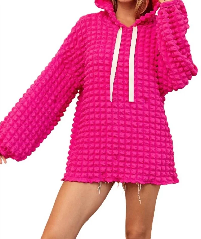 Bubble Woven Balloon Sleeves Hoodie In Fuchsia