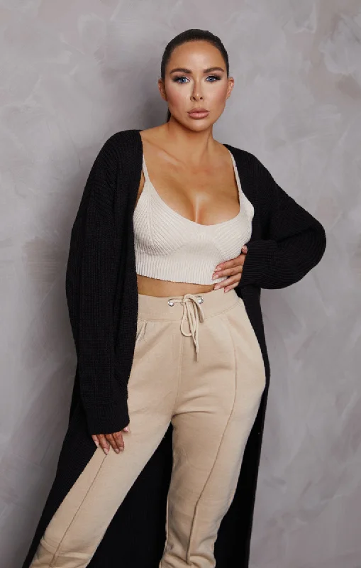 Black Knitted Long Puff Sleeve Midi Longline Cardigan - Poppy