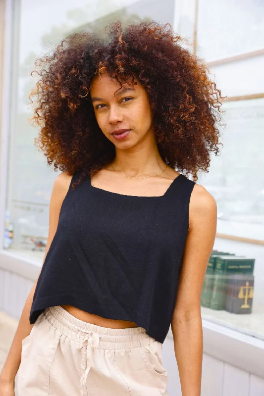 Petite Linen Square Neck Tank Top (Black)