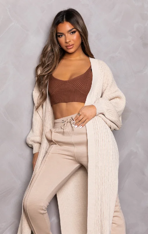 Stone Knitted Balloon Sleeve Side Split Longline Midi Cardigan- Emmy