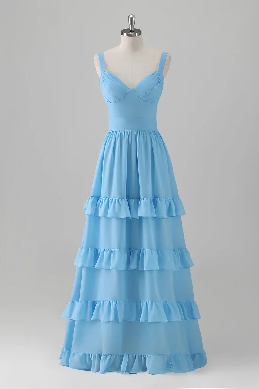 Blue A-Line V Neck Tiered Chiffon Long Bridesmaid Dress