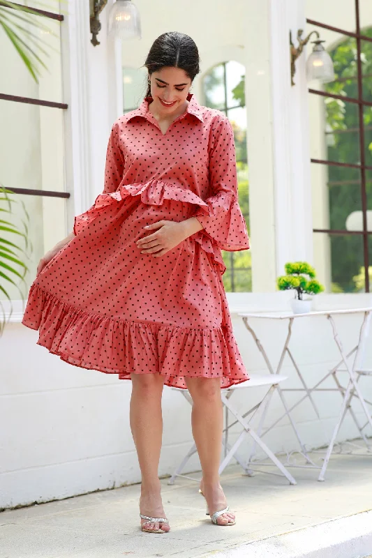 Breezy Blush Red Maternity Polka Knee Frill Dress