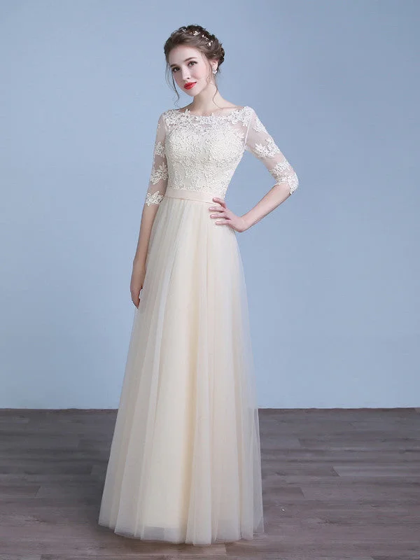 Champagne Lace Tulle Bridesmaid Dress with Sleeves