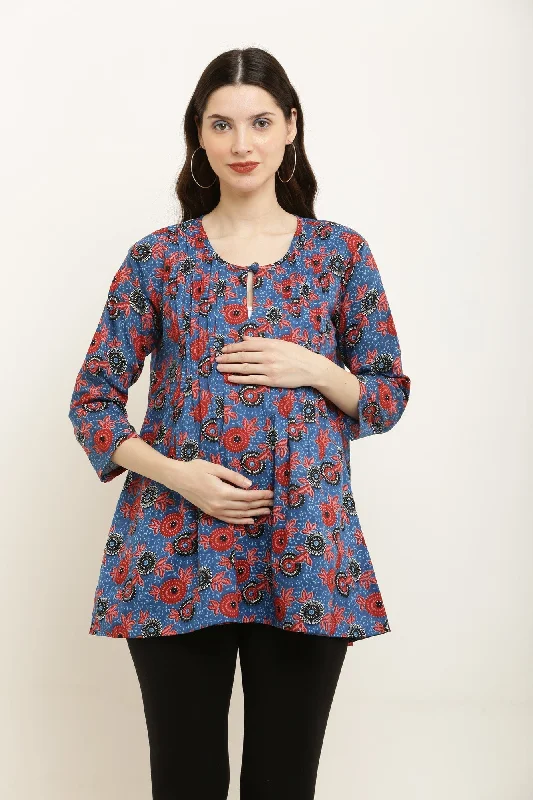 Dreamy Blue Bloom Maternity & Nursing Pintucks Top (100% Cotton)